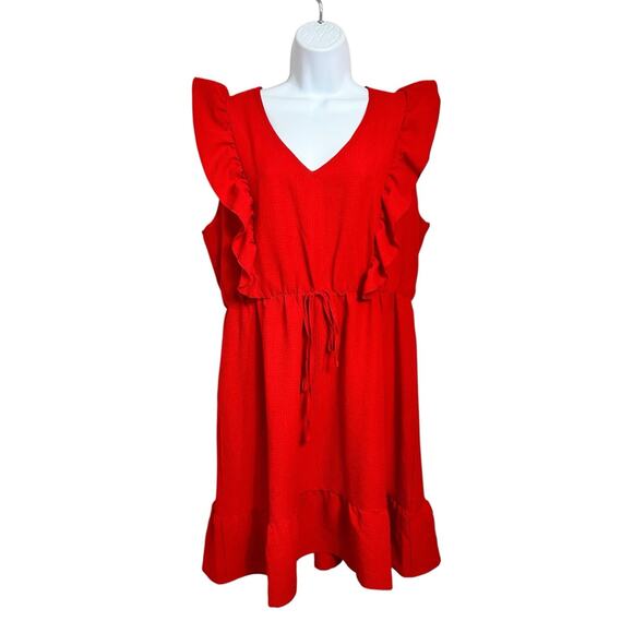 Shein Curve Red V-Neck Ruffled Dress Sz 1XL Sleeveless Elastic Waist Knee Length - Picture 3 of 8